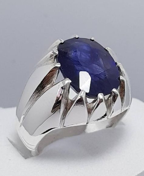 Buy natural blue sapphire in male silver ring